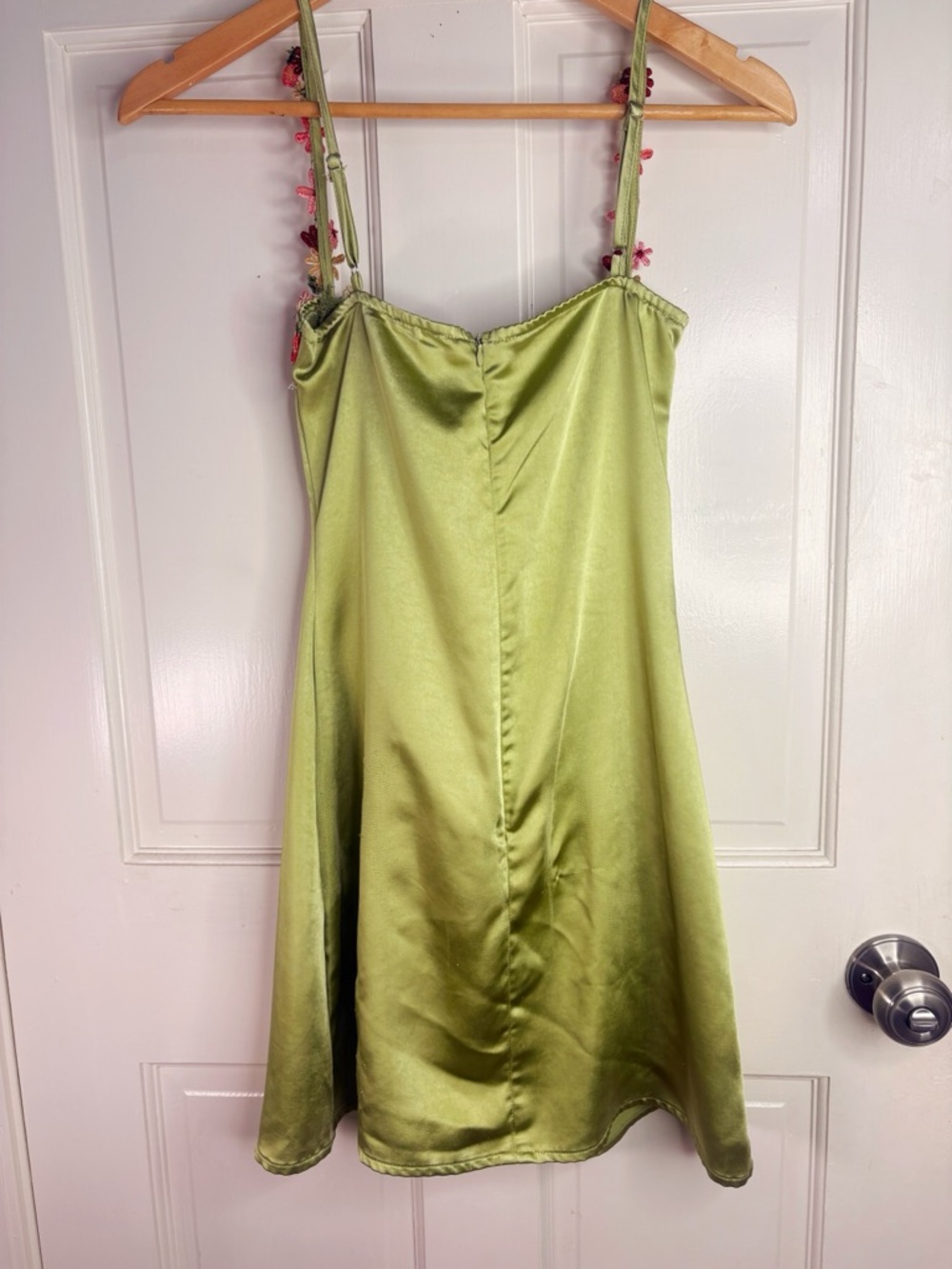 Green Floral-Trim Satin Mini Dress - Picture 3 of 3